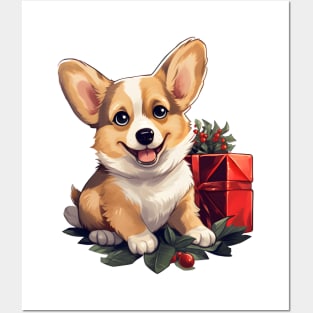 Christmas Happy Corgi with holly and gift Posters and Art